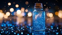 Magical glowing jar with blue sparkles and glitter on dark background with golden bokeh lights creating mystical atmosphere for fantasy designs.