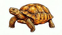 Golden tortoise with detailed shell patterns walking on white background, suitable for educational materials, wildlife design projects, and nature-themed illustrations.