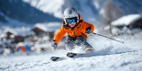 Dynamic skier in bright orange jacket carving through fresh powder snow against mountain backdrop, capturing winter sports action and adventure.
