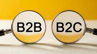 Two magnifying glasses with B2B and B2C text on yellow background, representing business models and market comparison for corporate strategy and commerce concepts.