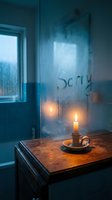 Glowing candle on wooden surface beside foggy glass with Sorry written, moody blue bathroom atmosphere evoking emotion and regret.