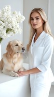Young blonde female veterinarian in white coat examining golden retriever dog in modern clinic with flowers for pet healthcare and medical services.