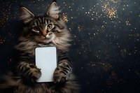 Adorable tabby kitten holding blank white card against dark starry background with golden sparkles for greeting cards and holiday designs.