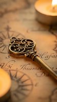 Ornate brass key with decorative scrollwork lying on vintage manuscript with compass rose and candlelight creating warm atmospheric lighting for mystery themes.