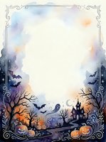 Halloween watercolor frame with spooky elements, pumpkins, bats, haunted house and bare trees on white background for seasonal design projects.