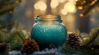 Decorative turquoise glass jar with textured pattern surrounded by pine branches and cones against warm bokeh lights background creates cozy winter atmosphere.