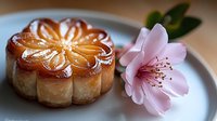 Golden glazed mooncake with decorative flower pattern on white plate beside pink cherry blossom, traditional Asian pastry for celebrations and festivals.