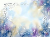 Watercolor celebration background with fireworks, stars, and ornamental frame border in soft blue, purple, and gold tones. Isolated on white background, ready for greeting cards, invitations, and festive design projects.