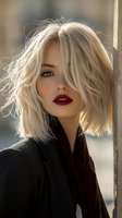 Young Caucasian woman with platinum blonde bob hairstyle, wearing dark coat and burgundy scarf, red lipstick, looking at camera with intense gaze in natural backlight.