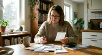 Young Caucasian woman with glasses working from home office, reviewing documents and paperwork at wooden desk with coffee cup and plants in cozy kitchen setting.