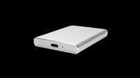 Portable external hard drive with silver aluminum casing and USB port, isolated on transparent background. Ready for tech product design, clipart, print-on-demand, and digital marketing materials.