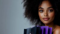 Young African American woman with natural curly hair holding purple gift boxes against gray background for holiday shopping and celebration concepts.