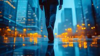 Person walking on wet city street at night with reflective surface showing urban lights and skyscrapers in blue and orange atmospheric scene.
