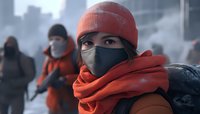 Young Asian woman wearing orange beanie, face mask and winter clothing during cold foggy weather, with blurred people in background, urban lifestyle portrait.