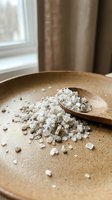 Coarse sea salt crystals scattered on wooden plate with spoon, kitchen interior with window and curtains in background, cooking ingredient.