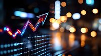 Stock market graph showing upward trend with red and blue neon arrow on digital display against blurred city lights and bokeh background at night.