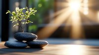 Zen composition with small green plant growing from balanced black spa stones, illuminated by warm sunlight rays creating peaceful atmosphere.