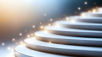 Curved white steps with glowing sparkles and light effects against dark blue background create modern minimalist architectural composition.