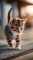 Adorable tabby kitten with striped fur walking on carpet in warm sunlight, cute domestic cat with blue eyes and white paws exploring indoor home environment.