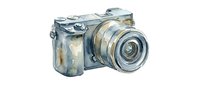Vintage compact camera with weathered metal body and large lens, isolated on white background, ready for design use on merchandise and promotional materials.