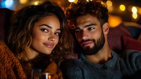 Young diverse couple taking romantic selfie at night with glowing bokeh lights in background, intimate close-up portrait showing genuine connection.