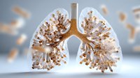 Artistic visualization of human lungs formed by glowing golden tree-like branches with floating particles against light background, medical concept for respiratory system.