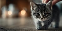 Adorable tabby kitten with striking blue eyes and white markings sitting on wooden surface with warm bokeh lights in cozy indoor setting.