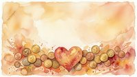 Watercolor heart surrounded by gold coins on warm beige background, symbolizing love, wealth, and financial prosperity with copy space.