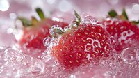 Fresh ripe strawberry with water drops and bubbles on pink bokeh background, macro photography showing juicy texture and natural freshness.
