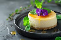 Creamy cheesecake topped with citrus glaze, fresh mint leaves and purple edible flower on dark plate. Elegant dessert with honey drops and herbs.