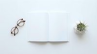 Minimalist workspace flat lay with open blank notebook, eyeglasses and small succulent plant on clean white background for creative projects.