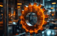 Glowing orange cogwheel against dark industrial background with bokeh lights creates dramatic technological atmosphere for business and engineering concepts.