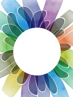 Colorful watercolor flower petals arranged in circular pattern with white center space for text or logo design on transparent background.