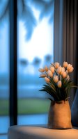 Peach tulips in burlap vase on windowsill against blurred blue sky background, creating serene atmosphere with soft natural lighting and bokeh effect.