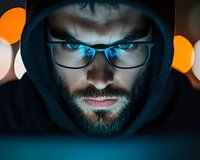 Bearded Caucasian male in hoodie with glasses illuminated by blue screen light at night, creating dramatic cybersecurity atmosphere with orange bokeh background.