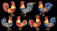 Colorful rooster clipart set with folk art style roosters in red, blue, and gold, isolated on transparent background, ready for stickers, t-shirt design, and print on demand.