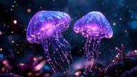 Luminous jellyfish floating in dark waters with glowing purple and blue bioluminescent effects, magical underwater scene with sparkling particles and bokeh lights.