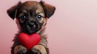 Adorable brown mixed breed puppy holding red heart shape toy against pink background, expressing love and affection. Sweet Valentine's day or pet adoption concept.