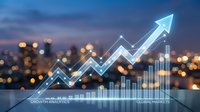 Business growth chart with upward arrow over blurred city lights at dusk showing financial success and market analytics for corporate presentations.