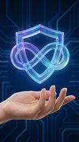 Glowing neon infinity symbol with shield protection hovering above open palm against futuristic digital circuit board background for cybersecurity concepts.