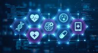 Digital healthcare technology concept with glowing hexagonal medical icons on blue background for telemedicine and health innovation applications.