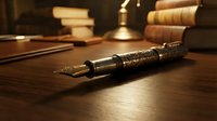 Vintage fountain pen with ornate gold detailing rests on wooden desk beside stacked leather-bound books and brass lamp, evoking classic writing and literature themes for editorial and design projects.