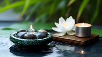 Zen spa composition with burning candles on black stones in water, white lotus flower and wooden platform creating peaceful atmosphere.
