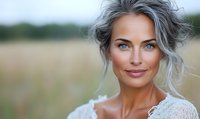 Elegant mature woman with silver gray hair and natural makeup smiling outdoors in white lace dress. Soft bokeh background of wheat field creates romantic atmosphere.