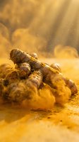 Fresh turmeric roots with golden powder cloud creating dramatic spice explosion for culinary and health supplement marketing materials.