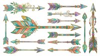 Decorative feathered arrows with ornamental tribal patterns and colorful boho details, isolated on white background for design projects, invitations, and crafts.