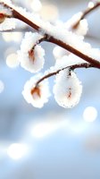 Delicate snow crystals form on winter tree branches against soft blue bokeh background, creating ethereal natural frost patterns in morning light.