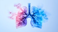 Artistic watercolor lungs anatomy with red and blue smoke effect on light background, medical science concept for respiratory system and pulmonology studies.