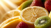 Sliced lemon, strawberries, and kiwi fruits arranged together with fresh citrus and berries for food, beverage, and healthy lifestyle design projects.