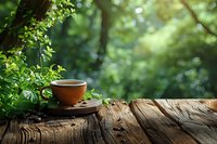 Cup of hot tea on rustic wooden table against blurred green garden background, creating peaceful morning atmosphere with natural bokeh effect and sunlight.